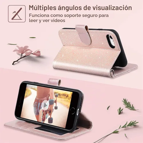 Vista 4 de ULAK Funda tipo cartera para iPhone SE (2022)/SE (2020)/8/7, tarjetero con Brillo