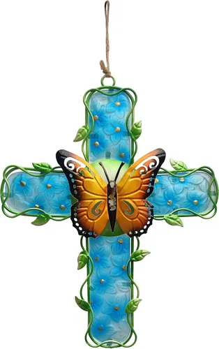 Vista 6 de COOZZYHOUR Decoración de pared de metal con cruz de metal y cristal, flor de hortensia azul, decoración para exteriores, interiores, hogar, jardín