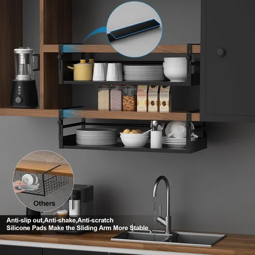 Vista 6 de AmonHouseware Paquete de 2 cestas organizadoras debajo del estante, almacenamiento ajustable debajo del gabinete, longitud del soporte colgante Negro