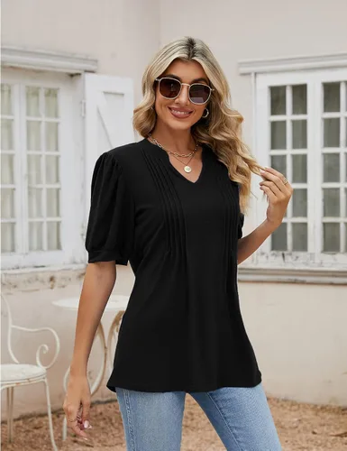 Vista 3 de Camisetas de verano con cuello en V para mujer, de manga corta, estilo casual, a la moda Negro
