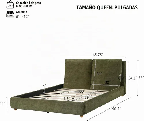 Vista 2 de Merax Cama de plataforma tapizada de tela Boucle tamaño Queen con dos cabeceras de almohada extraíbles, marco de cama de madera con patas redondas