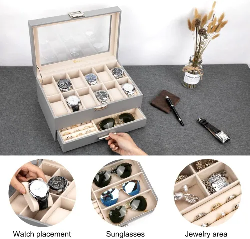 Vista 5 de Voova Joyero organizador de cajas de reloj para hombres y mujeres 2 capas grandes de 12 ranuras de piel sintética estuche de almacenamiento