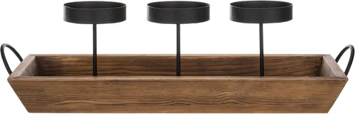 Vista 2 de MyGift Soporte para velas de metal negro de 3 pilares con bandeja de madera rústica y asas, pieza central para mesa/chimenea