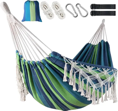 Vista 10 de Hamaca doble de estilo brasileño con flecos, hamaca de patio para 2 personas para patio trasero e interior, tela suave y transpirable, fácil