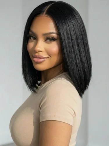 Vista 57 de KLAIYI Peluca de cabello humano con encaje frontal precortada 7x5, corte Bob en capas, corte romo, cordón sin pegamento, peluca predepilada