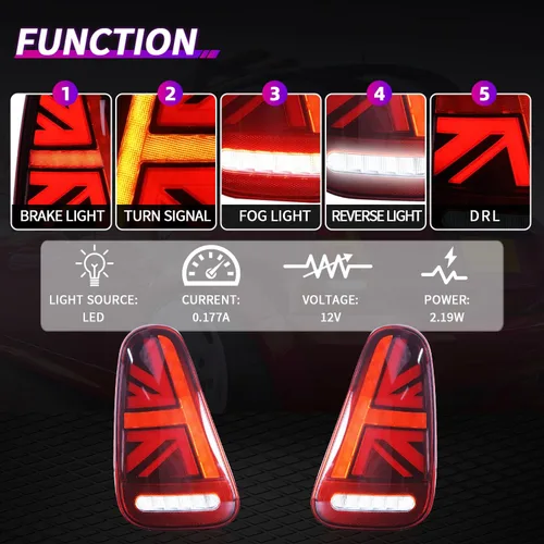 Vista 2 de Ensamble de Luces Traseras Archaic Compatible para Mini Cooper R50 R52 R53 2001-2007, Lámparas Traseras Union Jack para Mini Cooper