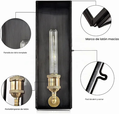 Vista 3 de Farol de pared de latón macizo para exteriores, lámpara de porche exterior con vidrio templado, iluminación de pared rectangular impermeable