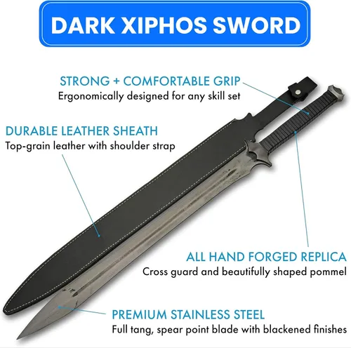 Vista 3 de SZCO espada Xiphos oscura de 37” – Espada medieval réplica de doble filo completa con vaina de cuero, hoja de acero con manganeso, mango envuelto