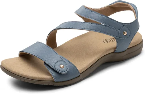 Vista 7 de Rihero Sandalias ortopédicas para mujer, con soporte de arco, cómodas sandalias planas con correa ajustable para caminar en la playa en verano