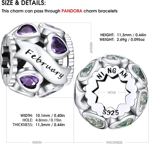 Vista 3 de NINGAN Dijes de piedra natal de febrero + dije de nacimiento de mariposa y violeta de febrero para pulsera