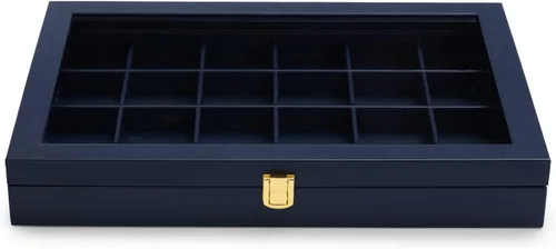 Vista 9 de Oirlv Bandeja de joyería de cuero azul de alta calidad con 24 rejillas con tapa transparente, aretes, anillos, caja organizadora, caja apilable