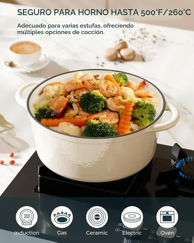 Vista 5 de Horno holandés de hierro fundido esmaltado, olla de 7.5 cuartos de galón con tapa y agarraderas de algodón, utensilios de cocina resistentes