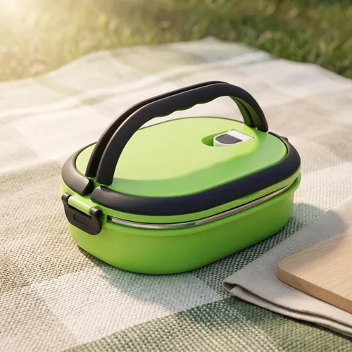 Vista 7 de Lonchera aislante de acero inoxidable, contenedor de alimentos para picnic al aire libre, cuadrado, color verde, doble capa (1 nivel)