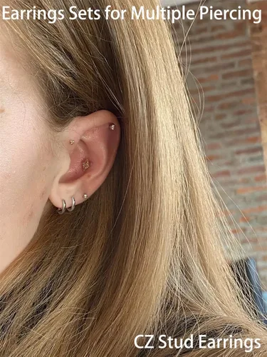 Vista 4 de Juego de aretes para múltiples piercings, 6 pares de aretes de aro pequeños chapados en oro de 14 quilates con parte trasera plana, aretes