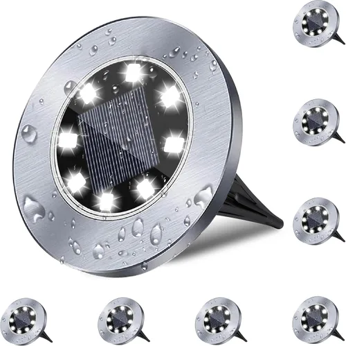 Vista 13 de Rayolon Luces Solares para Suelo, Paquete de 4, 8 LED Luces Solares Blancas para Sendero, Impermeables, Modernas, Exteriores, Empotradas en Suelo
