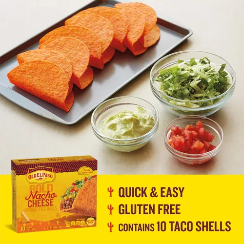 Vista 5 de Old El Paso Stand 'N Stuff Bold Nacho Cheese - Conchas de taco con sabor a queso de nacho, 10 unidades (paquete de 6)