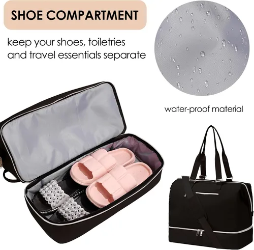 Vista 4 de Bolsa de fin de semana con compartimento para zapatos, bolsa de viaje para pasar la noche, Negro -, Estilo conciso