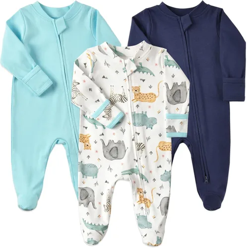 Vista 15 de Aablexema Pijama de bebé de algodón con puños de manopla, doble cremallera Azul/Gris/Rayas