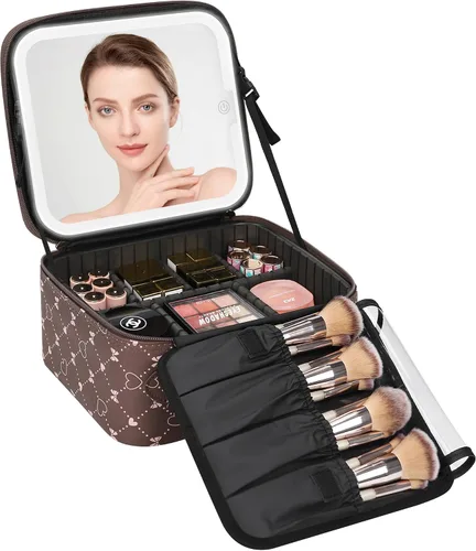 Vista 15 de Relavel Estuche de maquillaje con espejo LED, 01-Negro, Bolsa de maquillaje de viaje con espejo LED para niñas Compact Cosmetic Makeup Organizer