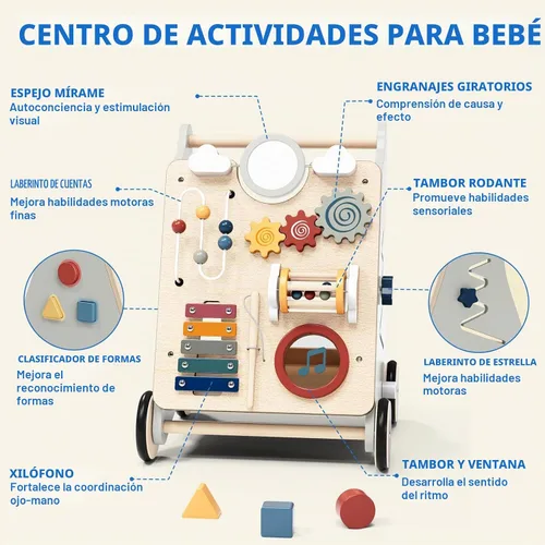 Vista 6 de 3 in 1 Wooden Baby Push Walker, Montessori Push Walker for Babies 12 Months Andador de bebé con centro de actividades, velocidad ajustable, sentarse