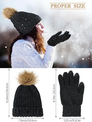 Vista 5 de 4 piezas mujeres invierno punto Beanie sombrero pantalla táctil guante conjunto grueso Chenille punto Pom sombrero sombrero caliente guantes