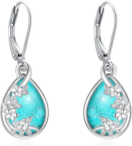 Vista 67 de Aretes colgantes de plata de ley con diseño de árbol de la vida, flor, abeja, animales, gato, colibrí, piedra lunar, turquesa, aretes con cierre