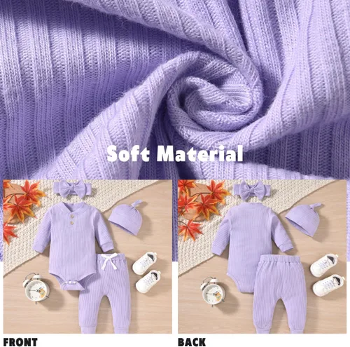 Vista 5 de Aalizzwell Traje acanalado de manga larga neutral para bebé con sombrero y diadema
