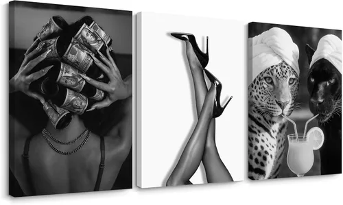 Vista 8 de Arte de pared de leopardo de moda, decoración de pared de guepardo blanco y negro, pósteres de lienzo estéticos de moda, impresiones de estocolmo