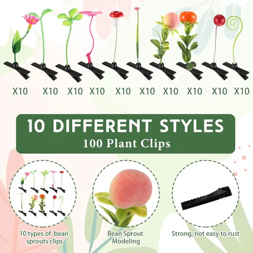 Vista 3 de Tigeen - 100 piezas de pinzas para el cabello con diseño de brotes de judías, divertidas horquillas de plantas, flores de césped, mariposas, hongos
