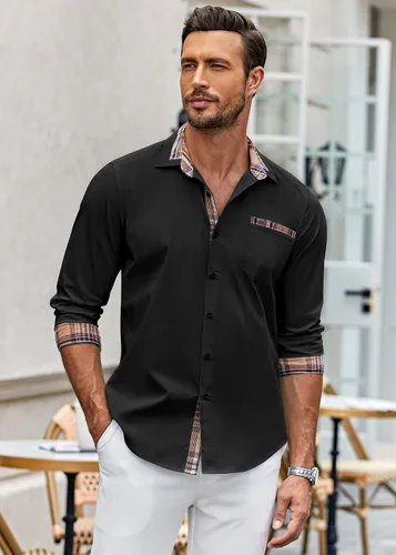 Vista 2 de COOFANDY - Camisa de vestir de algodón con mangas largas, botones y cuello a cuadros, de estilo casual, para hombres