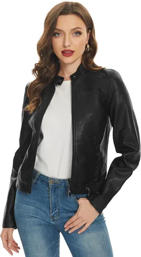 Vista 2 de Fahsyee Chaquetas negras de piel sintética para mujer, abrigo de motocicleta de PU para motociclista
