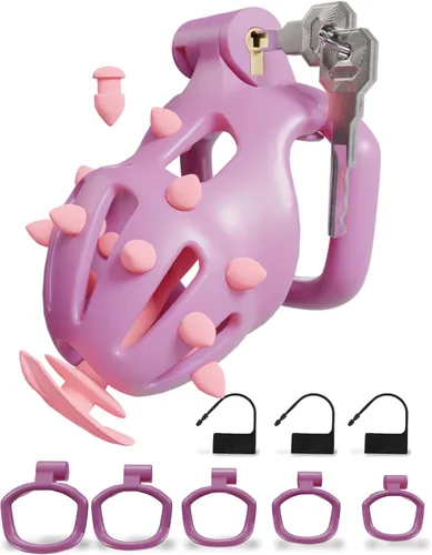Vista 18 de Cobra Chastity Cage for Men, Invisible Lock, 5 Ball Rings (Pink, XS) Spiked cobra design, lightweight 3D printed open structure, breathable