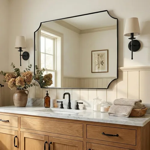 Vista 32 de ANDY STAR Espejo de baño de bronce cepillado, espejo festoneado de 24 x 36 pulgadas para baño, espejo rectangular de bronce antiguo con marco