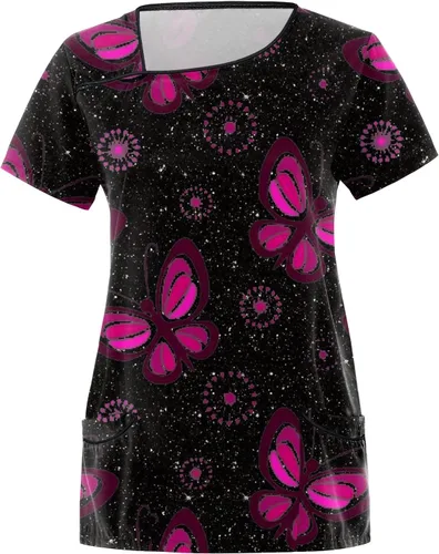 Vista 2 de Scrub Tops for Women Mock Wrap Butterfly Printed Nurse Working Uniform Summer Holiday Short Sleeve Tunic Blouse with Pocket