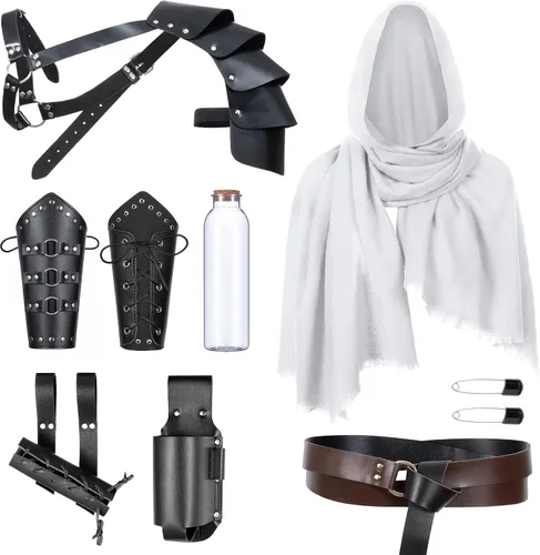 Vista 29 de Cinturón de cuero de caballero medieval para hombre, chal renacentista, capa de medio hombro, bufanda, brazaletes con hebilla, accesorios retro