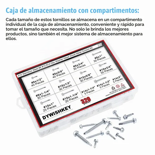 Vista 7 de DYWISHKEY 320 piezas de acero inoxidable 410 #8#10#14 cabeza de arandela hexagonal autoperforantes tornillos de chapa metálica kit surtido