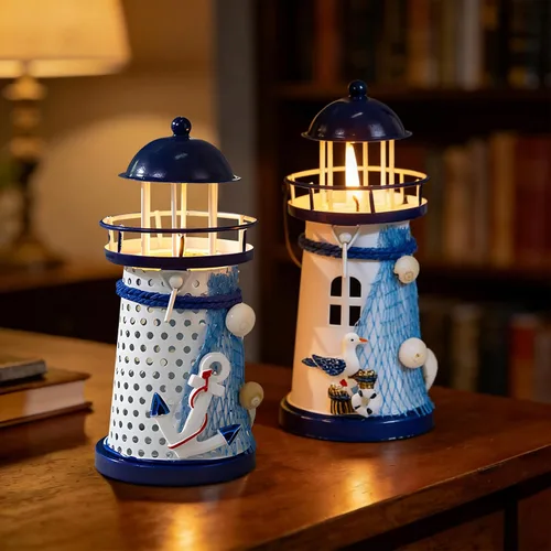 Vista 4 de Juego de 3 portavelas de faro de lata de estilo mediterráneo, decoración de faro náutico azul y blanco con diseños de gaviota, velero y ancla
