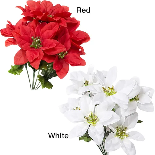 Vista 5 de Firlar Ramo de flor de pascua artificial de 4 piezas, 7 tallos cada uno, arbustos rojos para árbol de Navidad, decoración de jardín del hogar