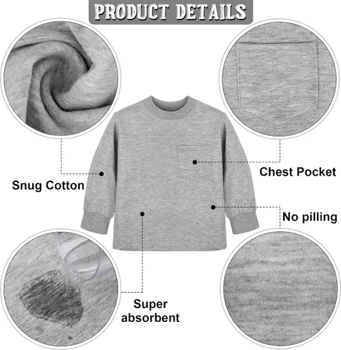 Vista 3 de Cooraby Paquete de 4 camisas térmicas de manga larga para niños pequeños, de algodón, con bolsillo, cuello redondo