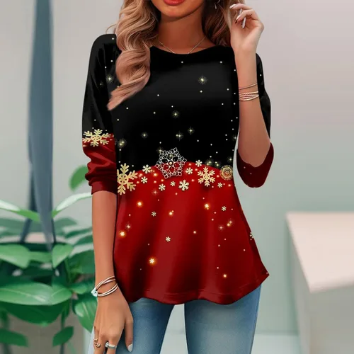 Vista 3 de RMXEi Camisetas de Navidad para mujer, de manga larga, cuello redondo, camisetas de Navidad para mujer, blusas de moda
