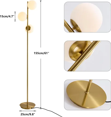 Vista 2 de Lámpara de pie moderna de mediados de siglo, lámpara de pie dorada de 3 luces con pantalla de vidrio Whithe, lámpara LED de poste alto para sala