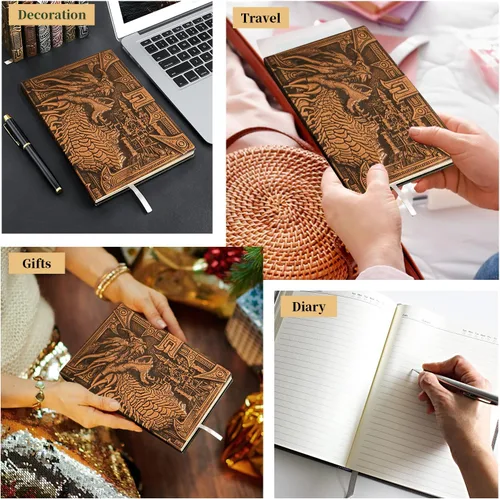 Vista 7 de DND - Cuaderno de Dungeon and Dragon de cuero en relieve 3D, diario de dragón con bolígrafo negro y funda para bolígrafo, diario de viaje vintage