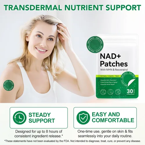 Vista 4 de Parches NAD+ de 30 unidades – 500 mg NMN y Resveratrol parches antienvejecimiento para la piel, 8 horas de energía NAD Boost parche con NAC y CoQ10