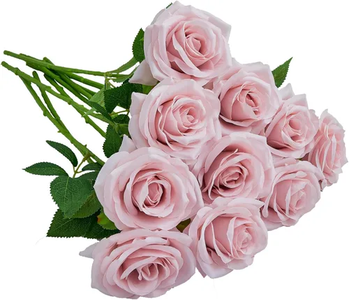 Vista 38 de 10 rosas artificiales abiertas, tallos de rosas artificiales para arreglos de boda, ramo de novia, centro de mesa, flores de seda sintética falsas