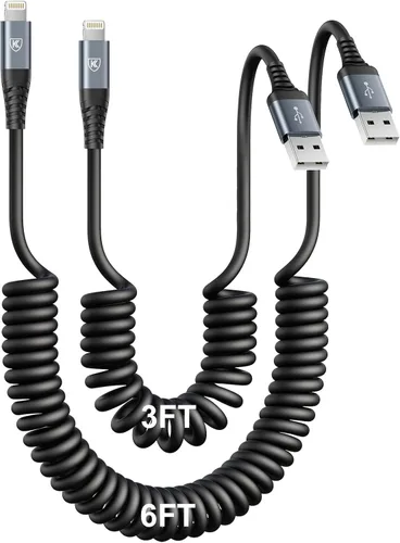 Vista 11 de Cable Lightning en espiral, cable de carga para iPhone de 3 pies para automóvil, paquete de 2 [certificado Apple MFi], cable Lightning de 3 pies