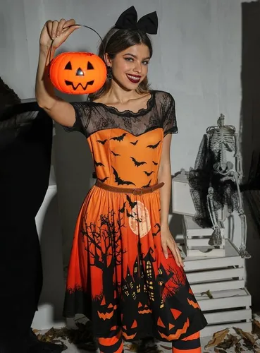 Vista 4 de Spadehill Vestido de encaje de manga corta para mujer, disfraz de Halloween