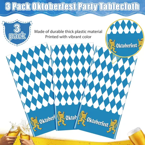 Vista 4 de Paquete de 3 manteles desechables para el Oktoberfest bávaro, mantel rectangular de plástico azul y blanco con bandera bávara, decoración