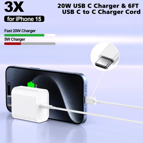 Vista 2 de Cargador para iPhone 16/15 Pro Max de carga rápida, bloque de cargador USB C de 20 W, paquete de 3 cables de carga rápida tipo C, cable de carga