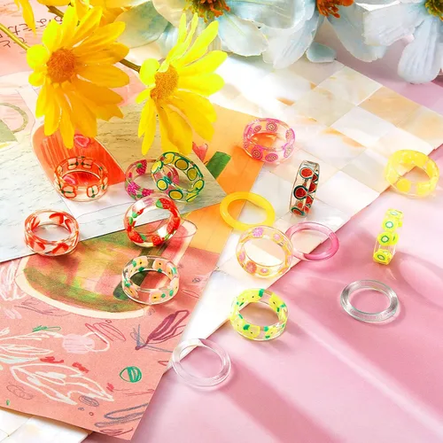 Vista 3 de Hicarer Juego de 16 anillos de resina de frutas de resina transparente, bonitos anillos acrílicos indie, anillos estéticos de resina para nudillos