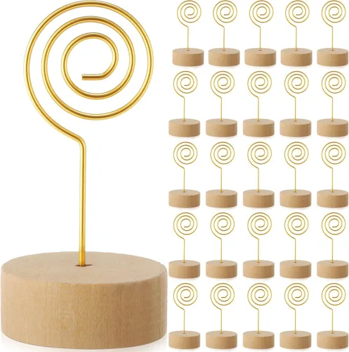 Vista 7 de 24 soportes de madera para números de mesa, alambre de metal con base de madera para una mejor estabilidad, soportes para tarjetas, centros de mesa